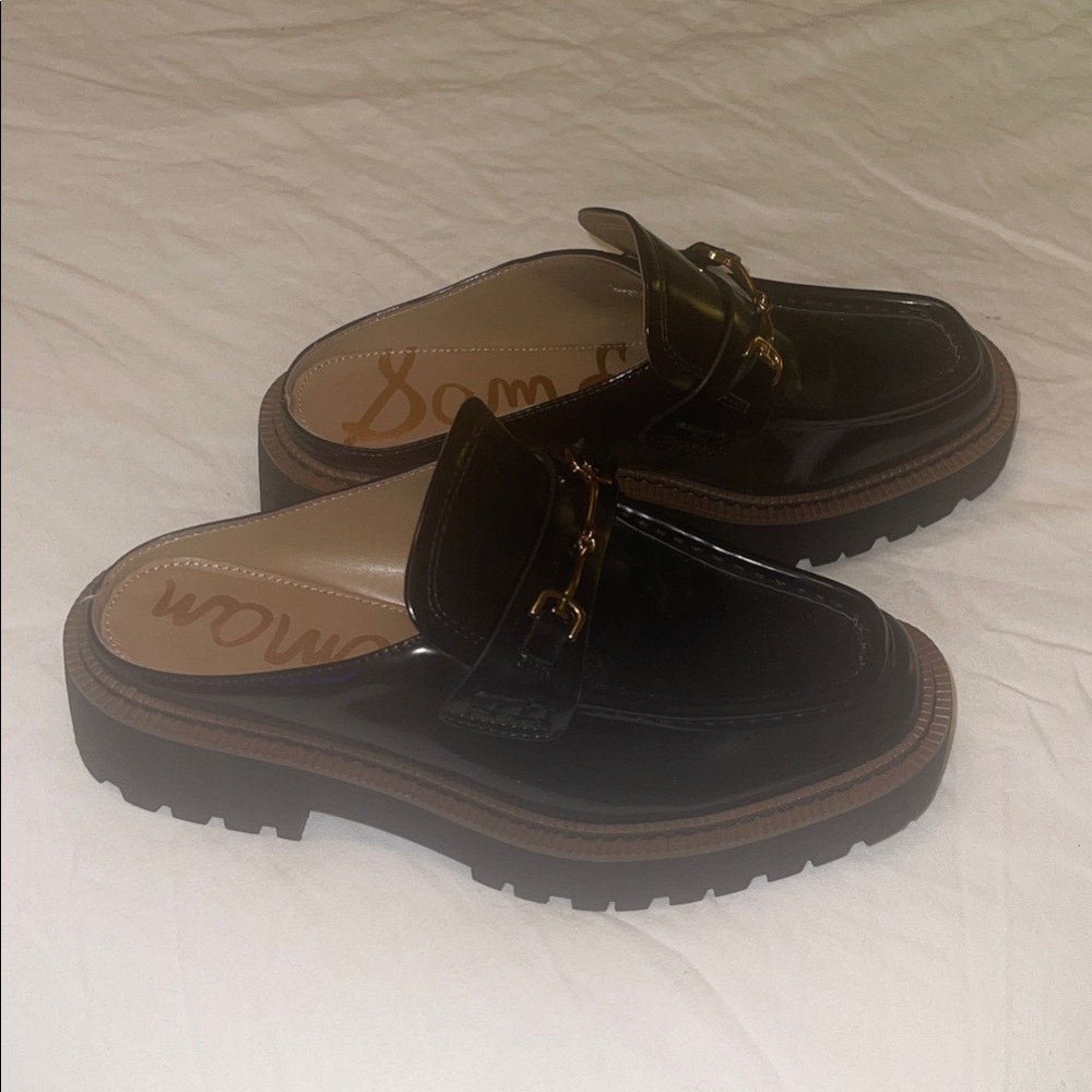 Sam Edelman Lennon Black Loafer Mules with Gold Accent